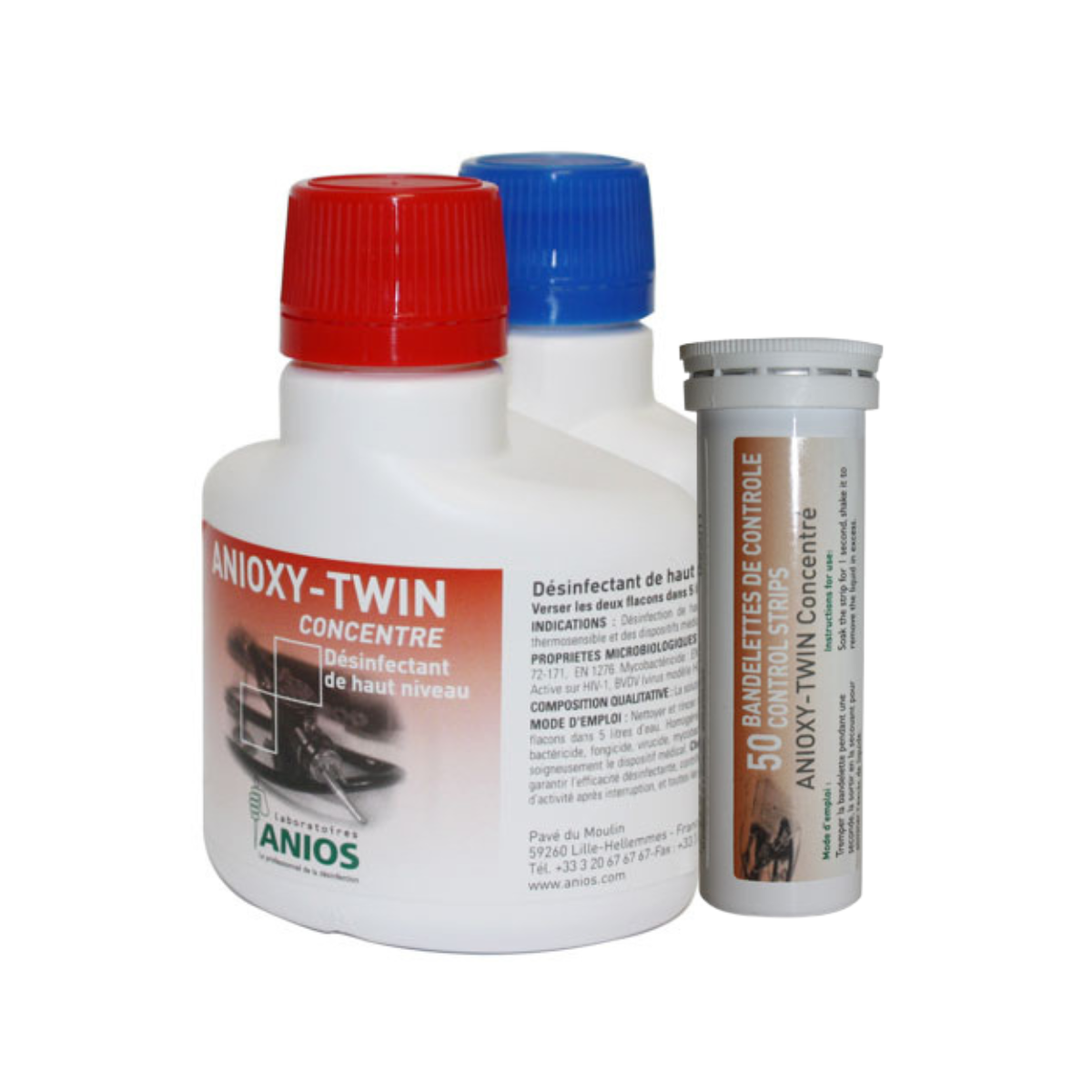 Un flacon twin d'ANIOXY-TWIN Concentré : le désinfectant de haut niveau à base d'acide peracétique pour vos dispositifs médicaux et son tube de 50 bandelettes de contrôle