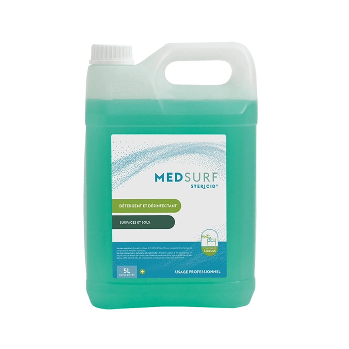 Un bidon de 5 litres de MEDSURF Steridis : détergent désinfectant concentré pour le bionettoyage des sols et surfaces en milieu médical.
