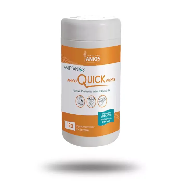 Boîte distributrice de 120 lingettes Anios Quick Wipes : lingettes désinfectantes professionnelles pour dispositifs médicaux non invasifs