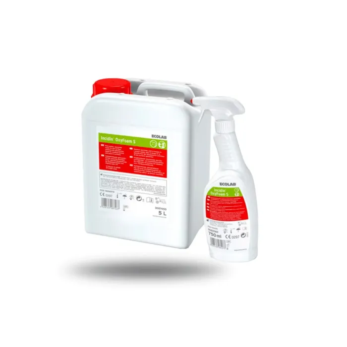 Un bidon de 5 litres et un spray de 750 millilitres de détergent désinfectant prêt à l'emploi sporicide Incidin Oxyfoal S.