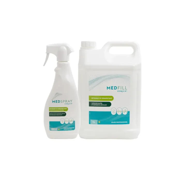 Un spray MEDSPRAY de 750 ml et un bidon de 5 litres MEDFILL de détergent désinfectant prêt à l'emploi pour surfaces et dispositifs médicaux