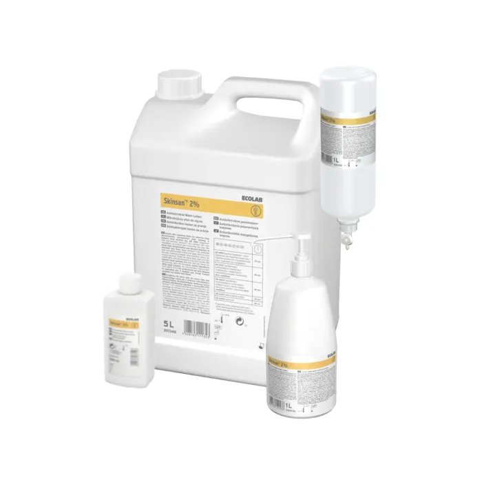 Ensemble des conditionnements disponibles de Skinsan 2 % : lotion lavante antimicrobienne pour décolonisation corporelle