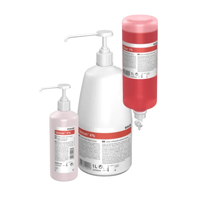 Ensemble des conditionnements disponibles de Skinsan 4 % : savon chlorhexidine pour lavage hygiénique des mains