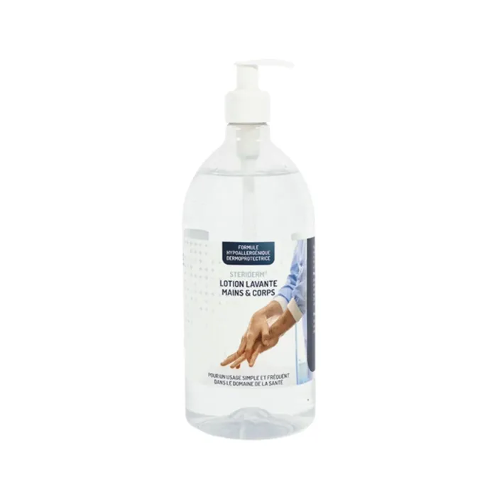 Un flacon-pompe de 1 litre de lotion lavante STERIDERM : savon doux dermoprotecteur mains et corps