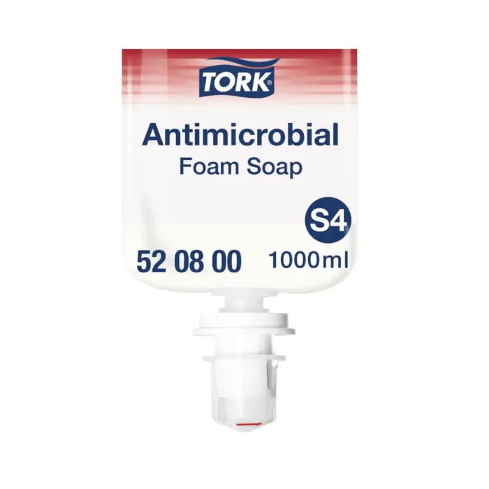 L'étiquette d'une cartouche d'1 litre de Tork Savon mousse antimicrobien S4 : lavage hygiénique conforme EN 1499 