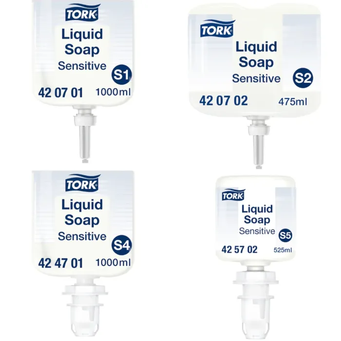 Ensemble des conditionnements disponibles de savon Tork Sensitive : savon liquide doux pour peaux sensibles