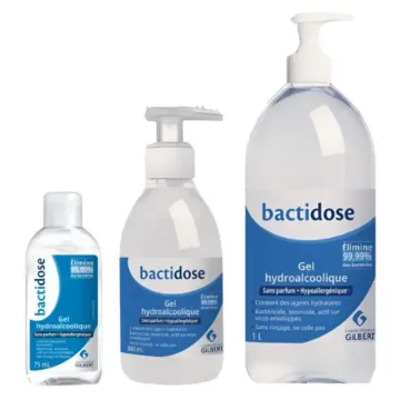 Ensemble de formats de gel hydroalcoolique Bactidose des Laboratoires Gilbert