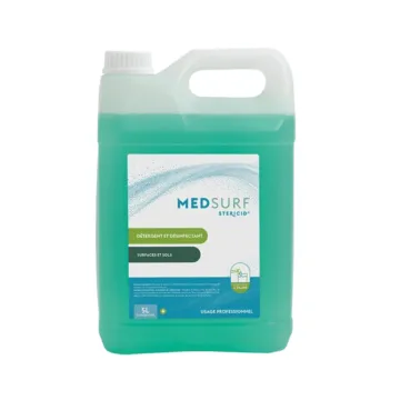 Un bidon de 5 litres de MEDSURF Steridis : détergent désinfectant concentré pour le bionettoyage des sols et surfaces en milieu médical.
