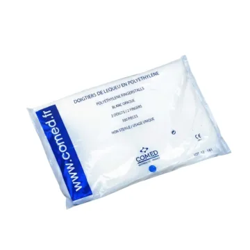 Un sachet de doigtiers médicaux 2 doigts polyéthylène non stériles, sachet de 100
