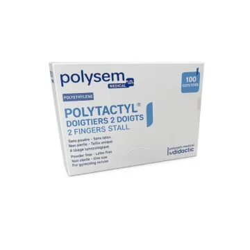 Une boîte de POLYTACTIL : doigtier médical 2 doigts polyéthylène non stérile