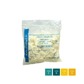 Un sachet de doigtier roulé en latex poudré COMED : sachet de 100, tailles S à XL.
