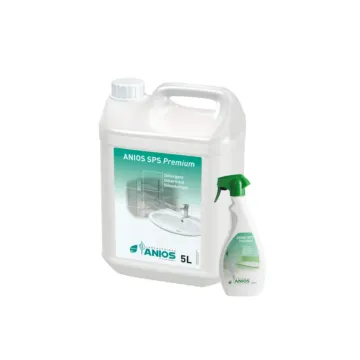 Un bidon de 5 litres et son flacon spray de 750 ml d'ANIOS SPS PREMIUM : nettoyant détartrant désinfectant 3-en-1 pour sanitaires professionnels