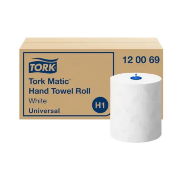 Un carton d'essuie-mains et son rouleau de Tork Matic H1 Universal, rouleau essuie-mains professionnel 150 m