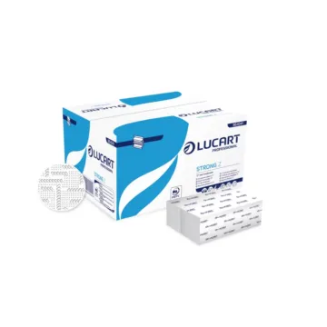 Un carton d'essuie-main et son étui de Lucart Strong Z : essuie-mains pliés en Z, pure cellulose.