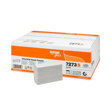 Un carton d'essuie-mains et son étui Celtex I SAVE essuie-mains plié en M, 21,5 x 32 cm, 2 plis, Ecolabel