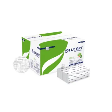 Un carton d'essuie-mains et son étui d'ECO M Lucart : essuie-mains pliés en M, fibres recyclées