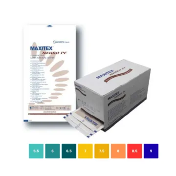 Une boîte, un sachet et l'ensemble des tailles disponibles de MAXITEX NEURO PF : gant de chirurgie latex stérile microchirurgie.