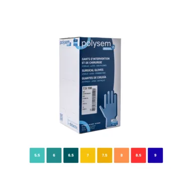 Une boite de gants chirurgicaux stériles latex non poudrés POLYSEM MEDICAL et l'ensemble des tailles disponibles
