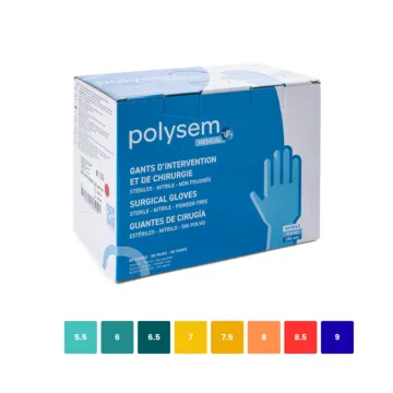 Une boite de gants d'intervention et de chirurgie stériles en nitrile POLYSEM et l'ensemble des tailles disponibles