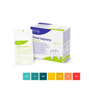Un emballage, une boite et l'ensemble des tailles disponibles de PEHA Isoprène Latexfree : gants stériles sans latex de chirurgie