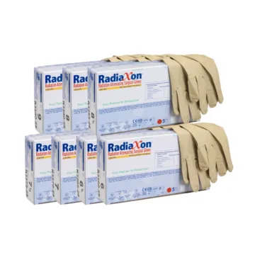 Une boîte et une paire de gants RADIAXON DIDACTIC : gants plombés radioprotection latex stériles 290 mm toutes tailles