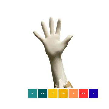 Un gant de chirurgie et l'ensemble des conditionnements disponibles de gants chirurgie latex EUROMEDIS Polymer coated bord roulé stériles 300 mm