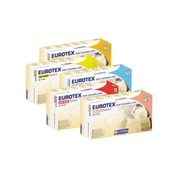 Ensemble des gammes d'EUROTEX gants latex non poudrés : surface rugueuse anti-dérapante 240 mm disponibles
