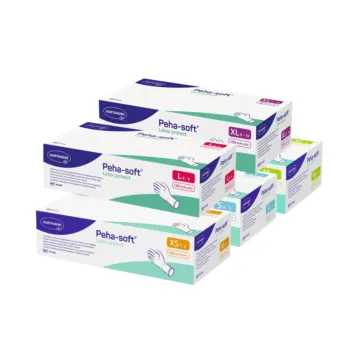 Ensemble des tailles disponibles de Peha-soft Latex Protect : gant latex non poudré chimie catégorie III