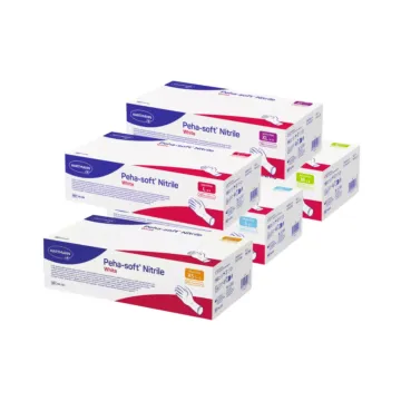 Ensemble des variantes disponibles de gant nitrile blanc Peha-soft Hartmann en boîte de 200