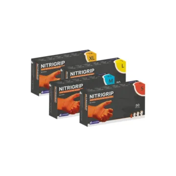 L'ensemble de la gamme de NITRIGRIP Orange EUROMEDIS : gant nitrile grip texture diamant en boîte de 50 gants