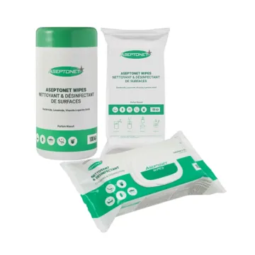 Une boite distributrice, un sachet de recherches et un sachet distributeur de 100 lingettes ASEPTONET : lingettes de désinfection professionnelle des surfaces et dispositifs médicaux