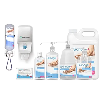 Ensemble des conditionnements disponibles pour le gel désinfectant hydroalcoolique Skinogel + de Franklab