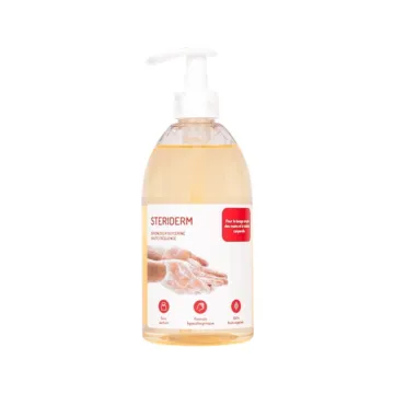 Un flacon-pompe de 500 ml de savon glycériné Steriderm pour lavage doux haute fréquence mains et corps