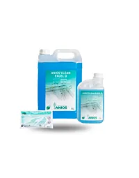 Ensemble de conditionnements d'Anios Clean Excel D : bidon de 5 litres, flacon de 1 litre et dose de 25 millilitres.