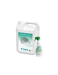 Un bidon de 5 litres et son flacon spray de 750 ml d'ANIOS SPS PREMIUM : nettoyant détartrant désinfectant 3-en-1 pour sanitaires professionnels
