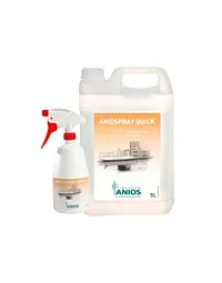 Un bidon de 5 litres et un flacon spray de 1 litre d'ANIOSPRAY QUICK : désinfection rapide des surfaces pour professionnels de santé.