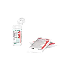 Une boite distributrice de 100 lingettes ouvertes et deux sachets de recharge de 100 lingettes de Meliseptol HBV : lingettes désinfectantes B.Braun pour surfaces et dispositifs médicaux