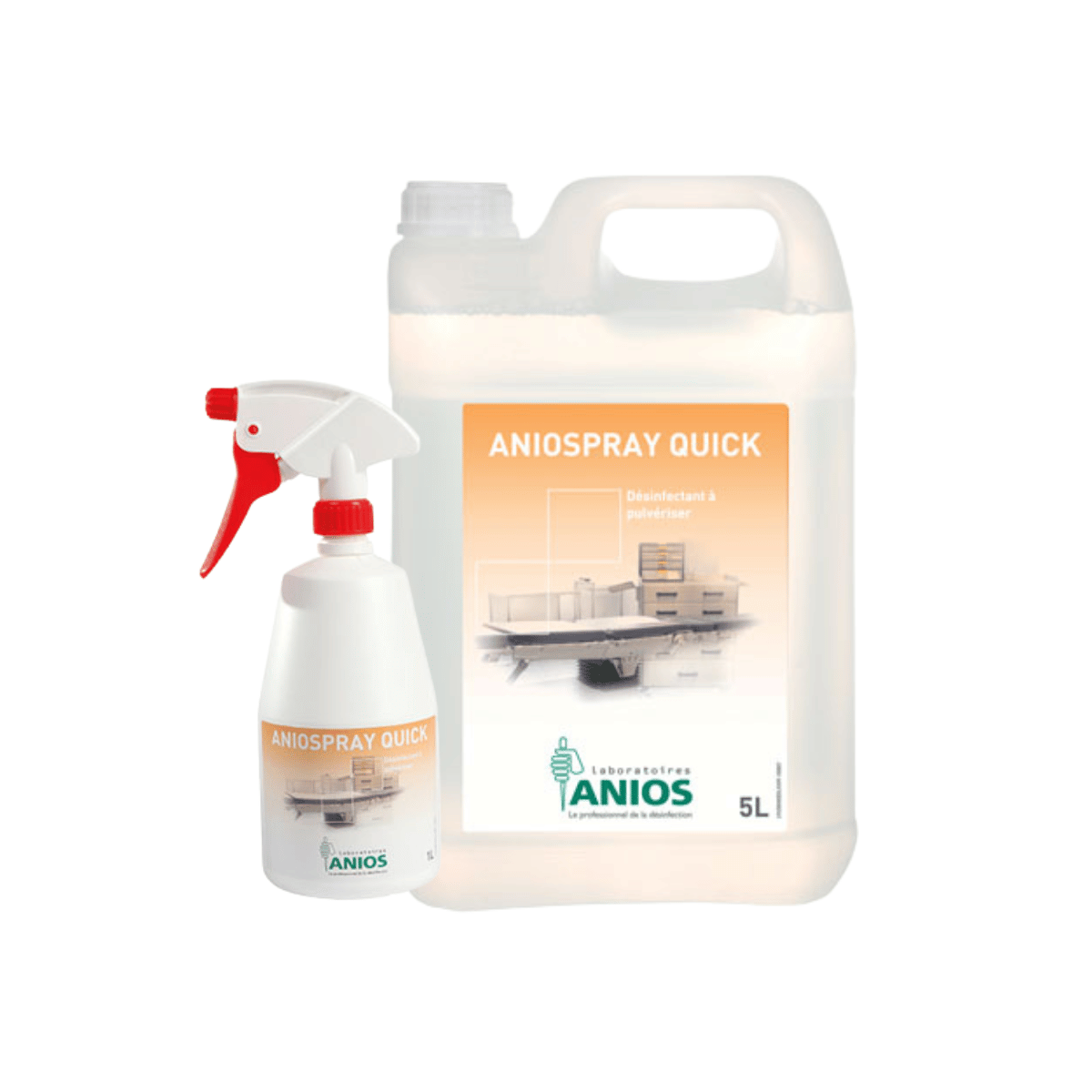 Un bidon de 5 litres et un flacon spray de 1 litre d'ANIOSPRAY QUICK : désinfection rapide des surfaces pour professionnels de santé.