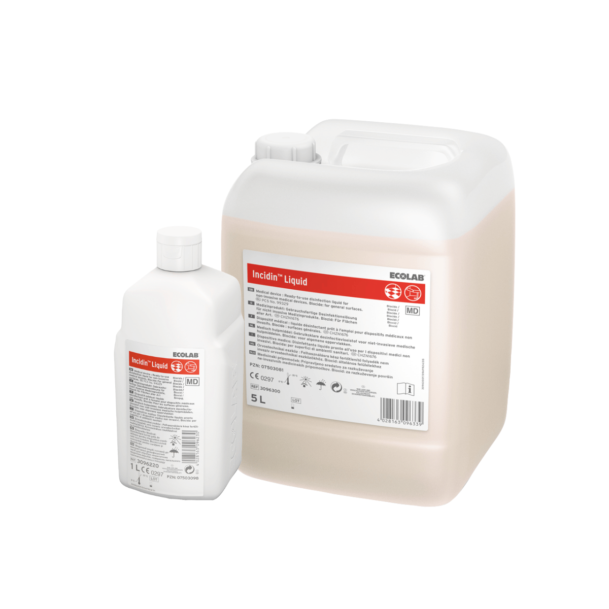 Un flacon de 1 litre et un bidon de 5 litres d'INCIDIN LIQUID : désinfection rapide et large spectre pour vos dispositifs médicaux.