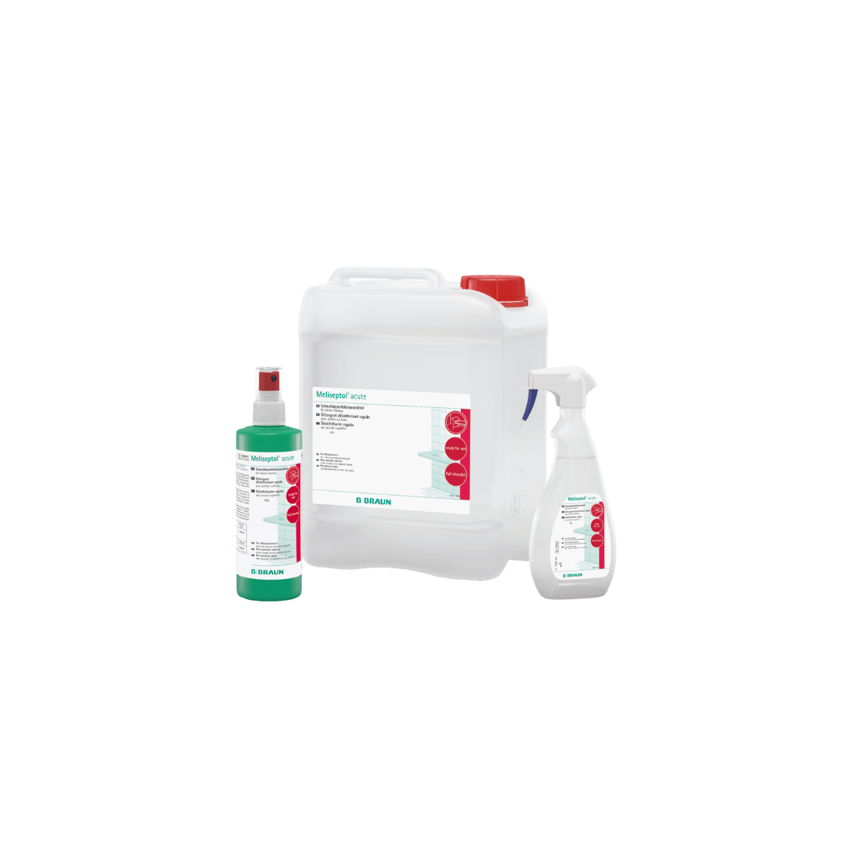 Un spray de 250 ml, un spray de 750 ml et un bidon de 5 litres de MELISEPTOL ACUTE : désinfectant rapide à base d'alcool pour surfaces médicales.
