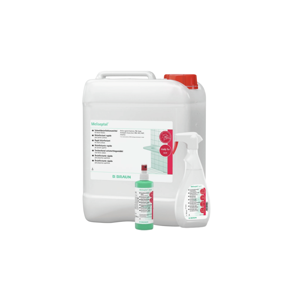 Un bidon de 5 litres, un spray de 750 ml et un spray de 250 ml de MELISEPTOL RAPID : spray désinfectant B.Braun à action rapide pour surfaces médicales