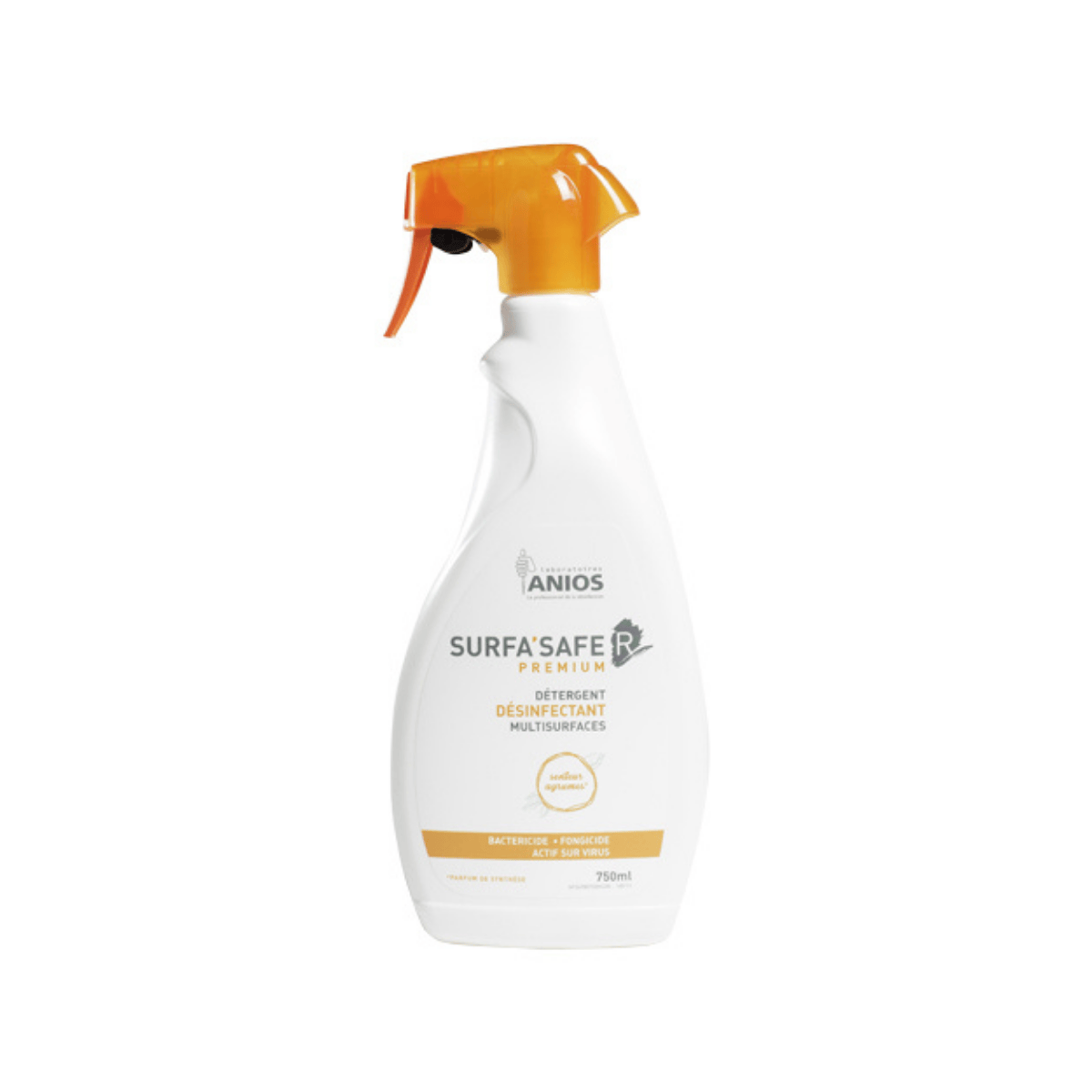 Un spray de 750 millilitres avec un capuchon orange de SURFA'SAFE R PREMIUM : mousse détergente désinfectante parfumée pour surfaces médicales.
