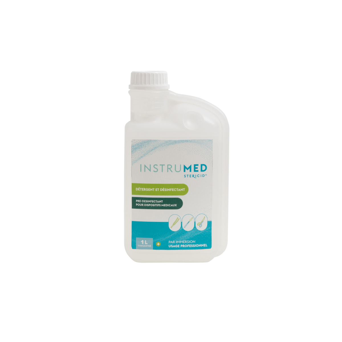 Flacon doseur de 1 litre d'INSTRUMED de Stericid : détergent pré-désinfectant concentré pour dispositifs médicaux et instruments
