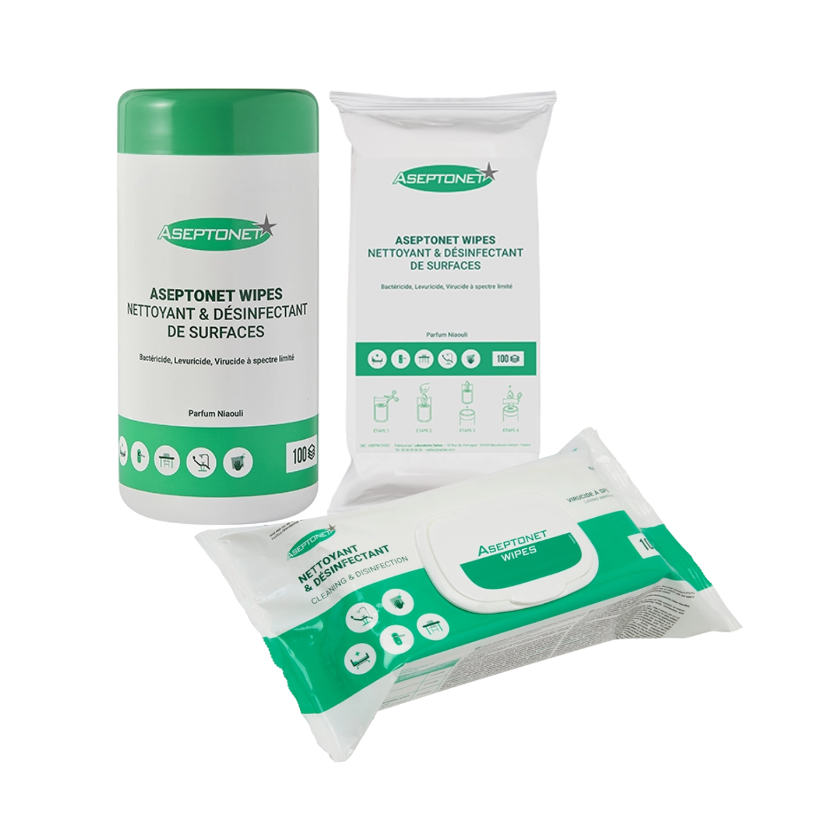 Une boite distributrice, un sachet de recherches et un sachet distributeur de 100 lingettes ASEPTONET : lingettes de désinfection professionnelle des surfaces et dispositifs médicaux