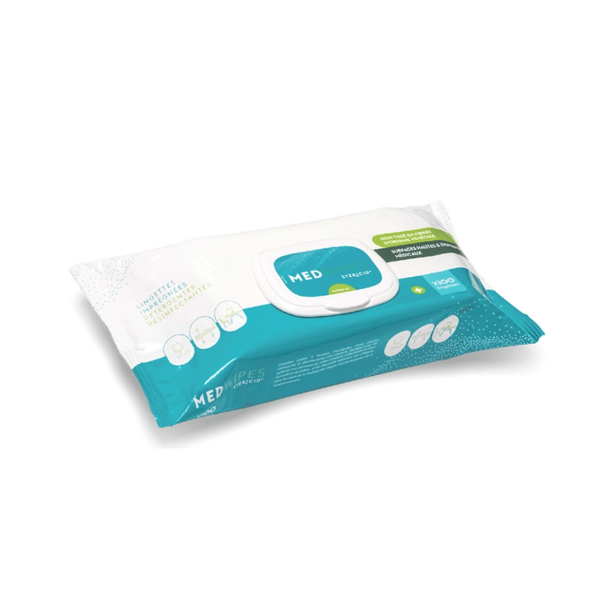 Un sachet fermé de 100 lingettes MEDWIPES : lingettes désinfectantes pour le nettoyage et la désinfection des surfaces médicales.