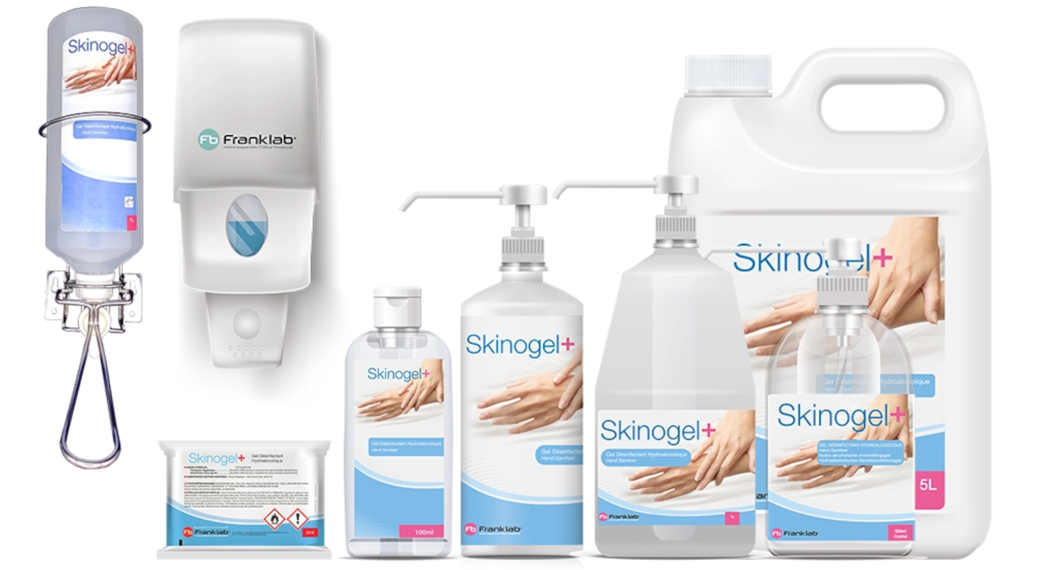Ensemble des conditionnements disponibles pour le gel désinfectant hydroalcoolique Skinogel + de Franklab
