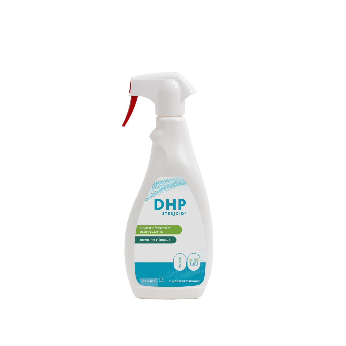 Flacon d'un spray de 750 ml vue de face de Spray DHP Steridis : mousse détergente désinfectante pour la désinfection des surfaces et dispositifs médicaux