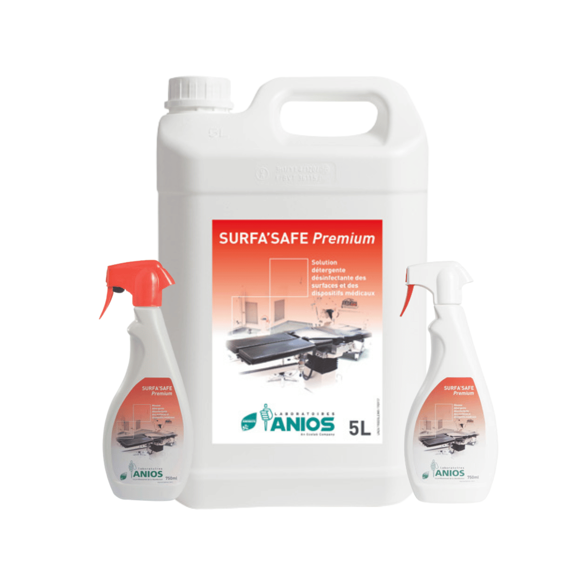 Un bidon de 5 litres fermé, un spray capuchon rouge de 750 ml et un spray capuchon blanc de 750 ml de SURFA'SAFE PREMIUM : mousse détergente désinfectante pour surfaces et dispositifs médicaux