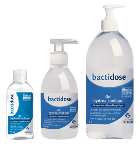 Ensemble de formats de gel hydroalcoolique Bactidose des Laboratoires Gilbert