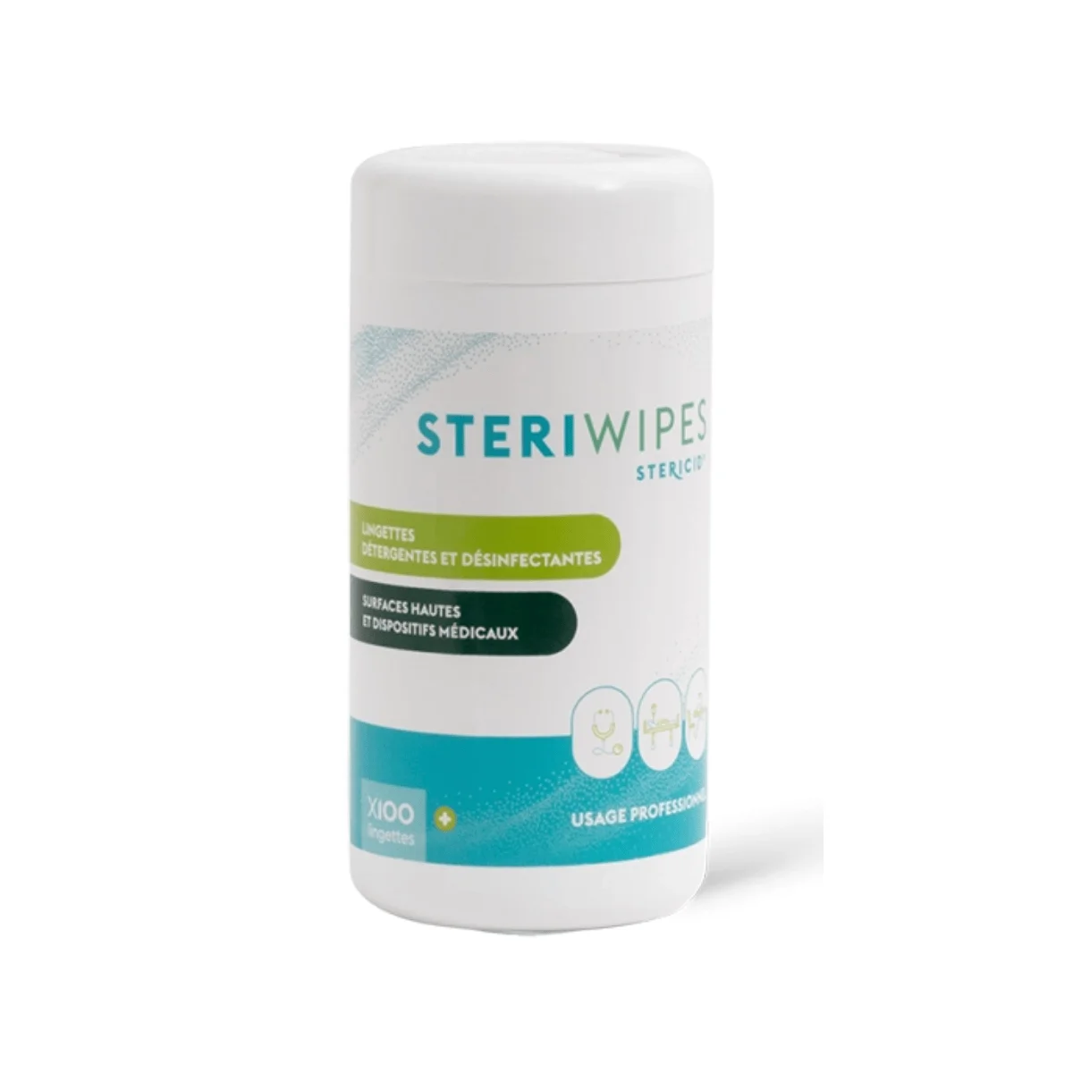 Boîte distributrice de 100 lingettes STERIWIPES : lingettes désinfectantes sans alcool pour surfaces et dispositifs médicaux